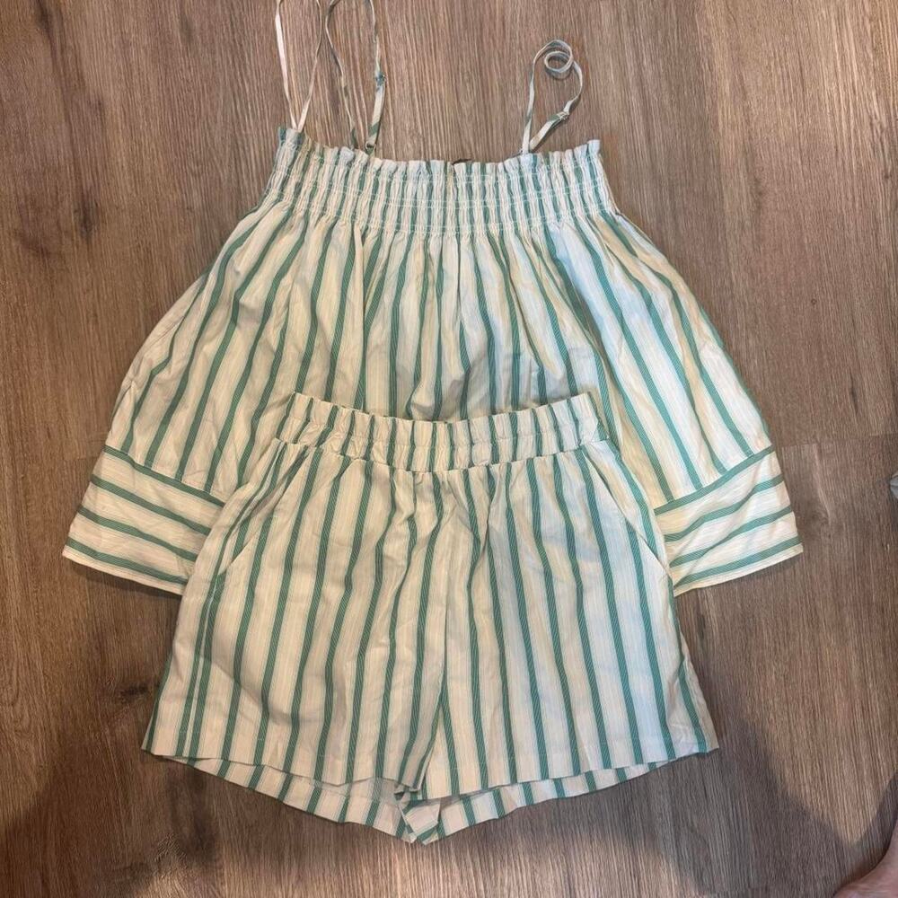AAKAA Matching Set Green Cream Stripe SMALL COTTON